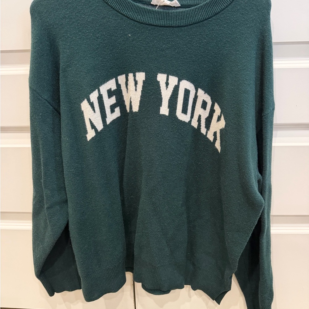 Green Crew Neck Sweater with 'New York' Print